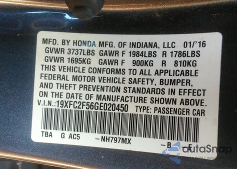 2016 Honda Civic Lx из США, поврежденный, VIN 19XFC2F56GE020450